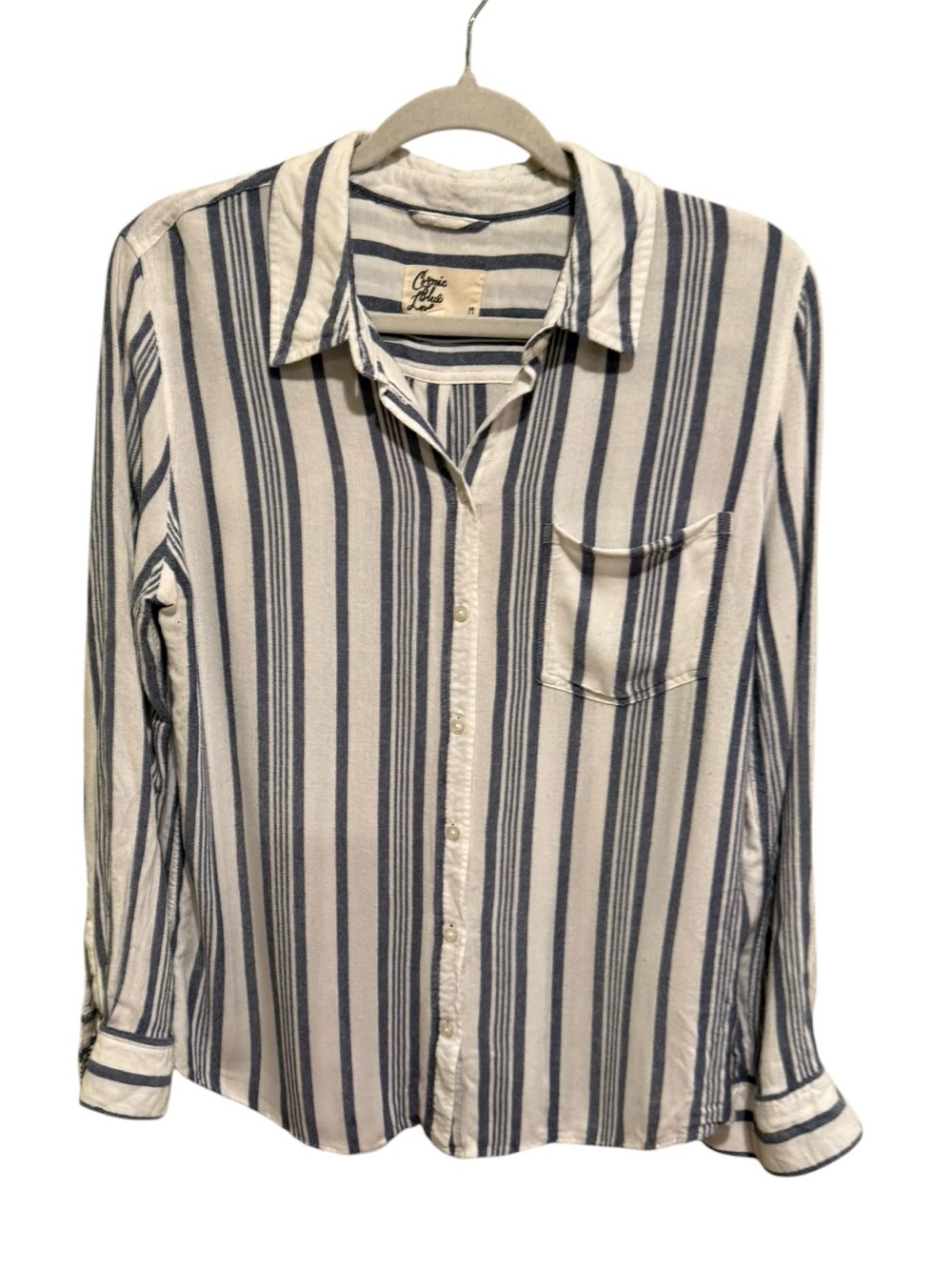 Cosmic Blue Love Striped Blue & White Button-Down Shirt - Super Soft - Size M